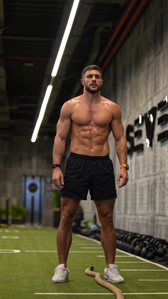 Bodybuilder trainiert im modernen Fitnessstudio 2025 mit Hightech-Geräten und mentalem Fokus
