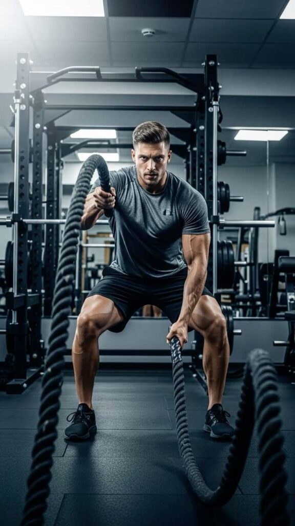 Bodybuilder trainiert im modernen Fitnessstudio 2025 mit Hightech-Geräten und mentalem Fokus